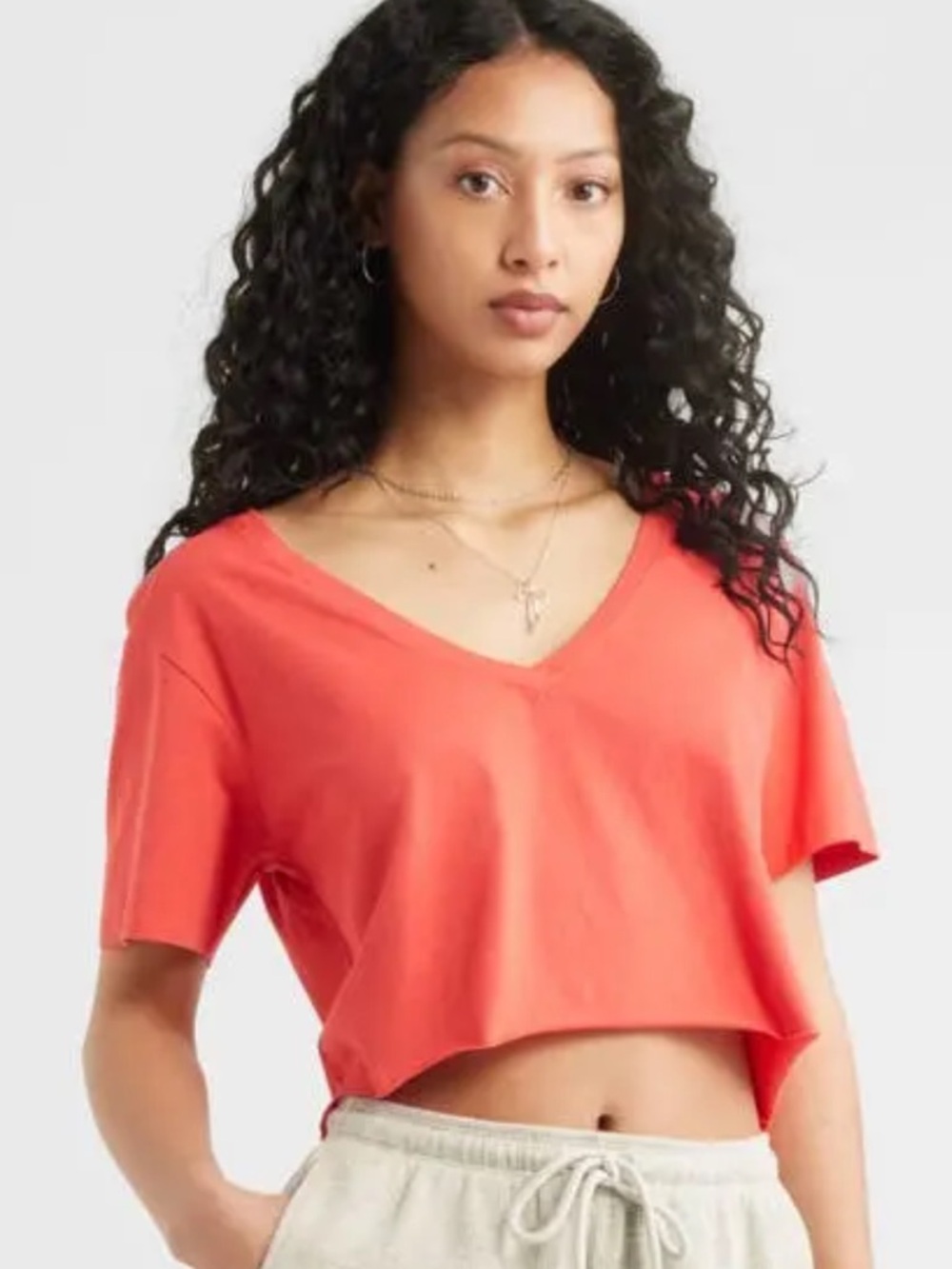 BP. Cotton V-Neck Crop T-Shirt Coral Red Sz L